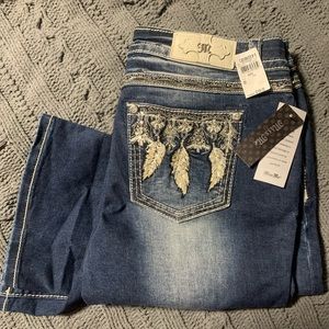 Miss Me Dark Blue Boot Cut Jeans with Embroidered Feather Pockets